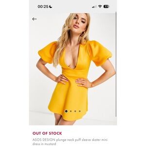 ASOS DESIGN plunge neck puff sleeve skater mini dress in mustard